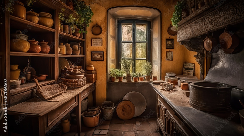 Lovely cozy Kitchen stocked with groceries and herbs stock illustration generative ai