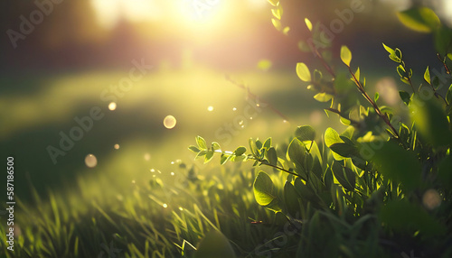 Green leaves on branch and green grass with morning sunlight ,spring and summer background,Generative AI