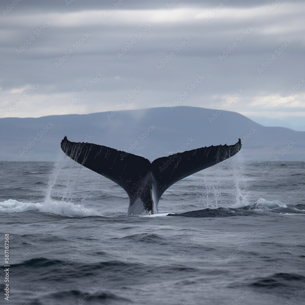 Fototapeta premium The tail of a humpback whale in the sea.