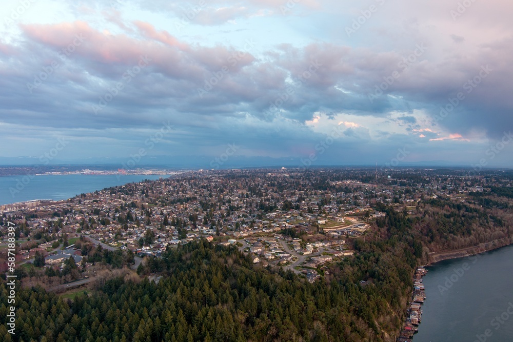 Aerial view of the Tacoma Narrows at sunset