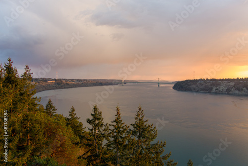 Aerial view of the Tacoma Narrows at sunset