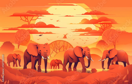 African Elephants Kirigami-style of African Elephants walking in the savannah  surrounded by trees and grasses  paper art