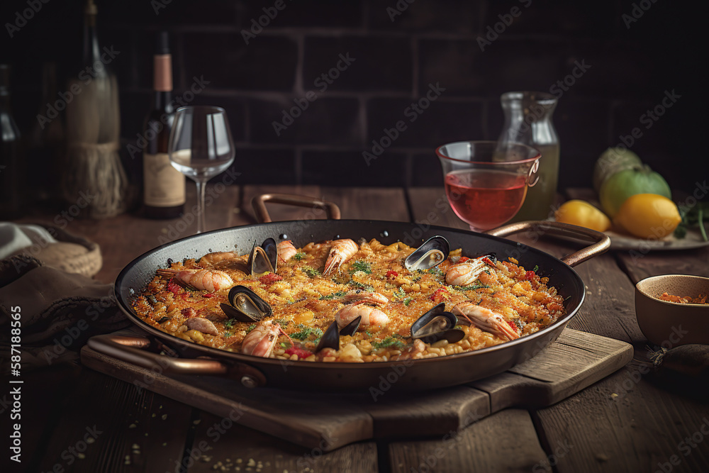 Colorful Seafood Paella pan with Shellfish, Spain, a beautiful background, generative AI technology, 