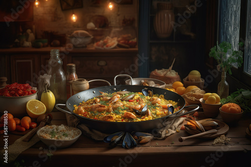 Colorful Seafood Paella pan with Shellfish  Spain  a beautiful background  generative AI technology  