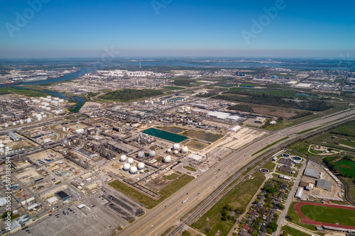 Aerial view of Chemical factory nearby Houston in Texas. Refinery is making gas and diesel for gas station and truck stops. 