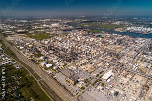 Aerial view of Chemical factory nearby Houston in Texas. Refinery is making gas and diesel for gas station and truck stops. 