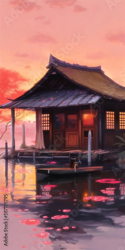 Sunrise in the Village with Anime Style Wallpaper. Generative AI.