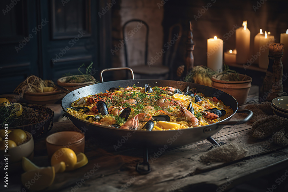Colorful Seafood Paella pan with Shellfish, Spain, a beautiful background, generative AI technology, 