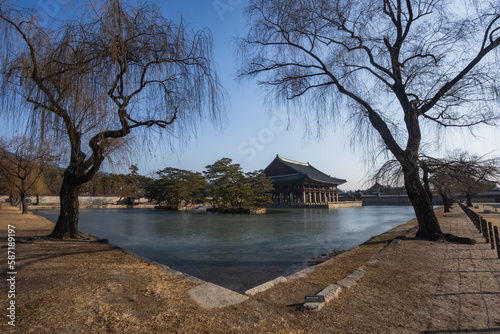 Gyeongbokgung Palace and Gyeonghoeru Pavilion and around during winter morning at Jongno-gu , Seoul South Korea : 8 February 2023 photo