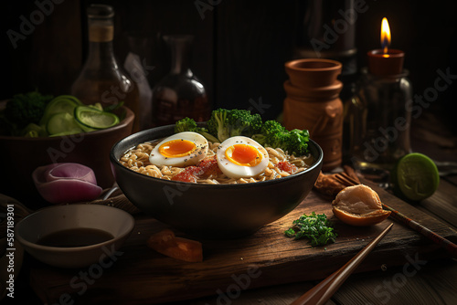 Close up photographic Miso Ramen Asian noodles with egg, in dark bowl on dark background. Japanese cuisine. generative AI technology. 