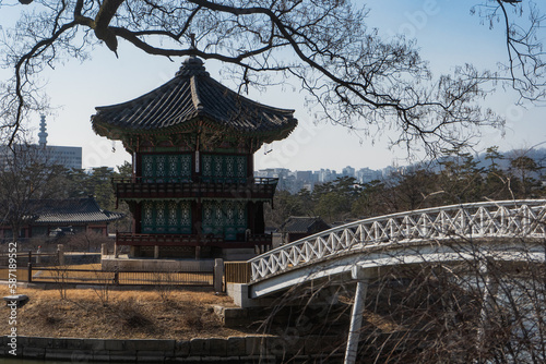 Gyeongbokgung Palace and Hyangwonjeong Pavilion with Chwihyang bridge during winter morning at Jongno-gu , Seoul South Korea : 8 February 2023