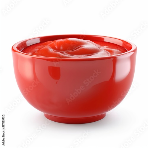 tomato sauce in a red bowl on white background.