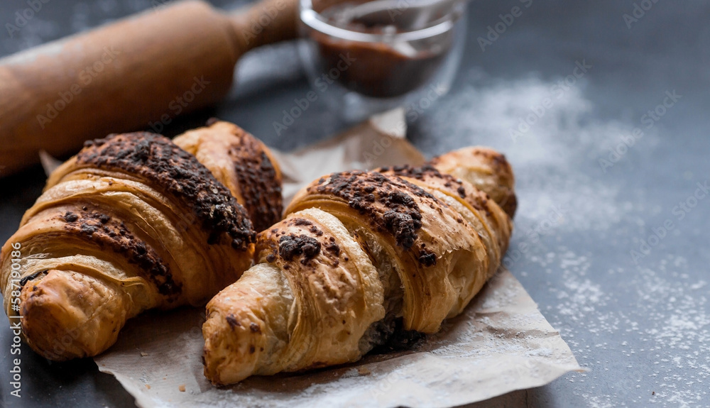 Delicious freshly baked croissants with chocolate on a dark background. French breakfast. Delicious pastries close-up. The context of a bakery with delicious bread. Confectionery products.