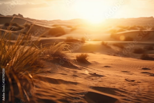 Background With Unfocused Desert Landscape With Sand Dunes And A Setting Sun. Generative AI