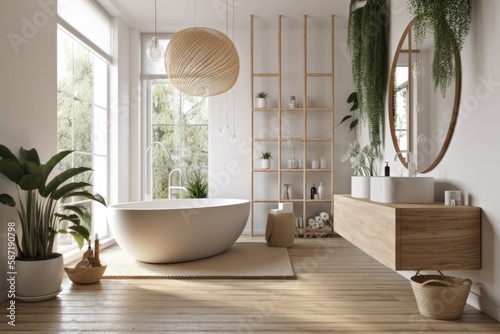 Elegant bathroom with white and beige walls  white basin with oval mirror  bathtub  shower  plants  and dark parquet floor. Modern minimalist bathroom. Generative AI