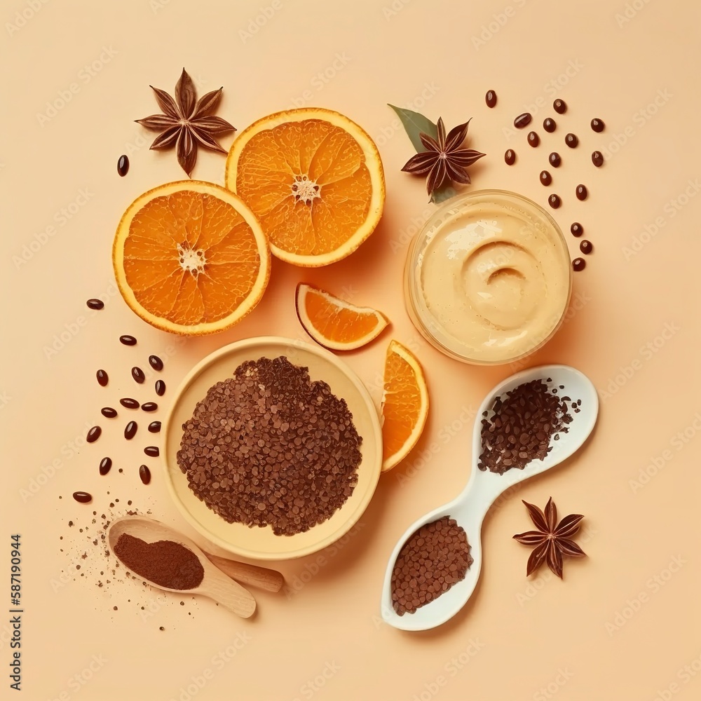 natural cosmetics. Orange slices, coffee beans, and natural fruit and coffee body scrub in top view flat lie on beige background. Body care, spa, and sugar scrub, Generative AI. natural cosmetics. Orange slices, coffee beans, and natural fruit and coffee body scrub in top view flat lie on beige background. Body care, spa, and sugar scrub, Generative AI.