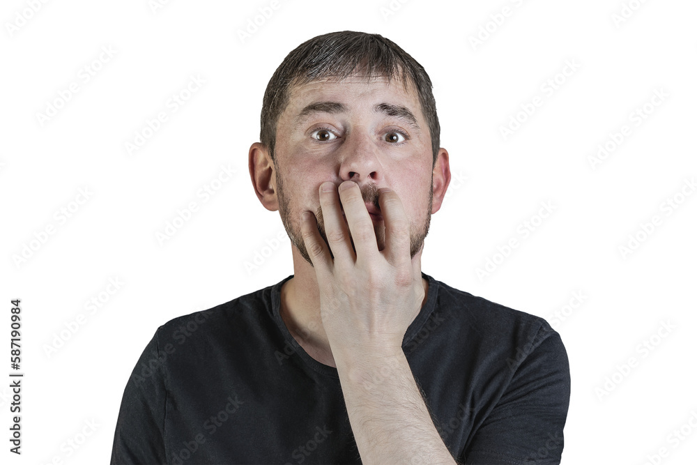 Portrait of an attractive bearded man of European appearance, with a slight gray hair, on an isolated white background. Indignantly covered his mouth with his hand. Expression of emotions of a man. Portrait of an attractive bearded man of European appearance, with a slight gray hair, on an isolated white background. Indignantly covered his mouth with his hand. Expression of emotions of a man.