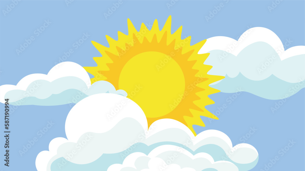 Sunny sky with clouds and sun. Vector illustration in cartoon style.