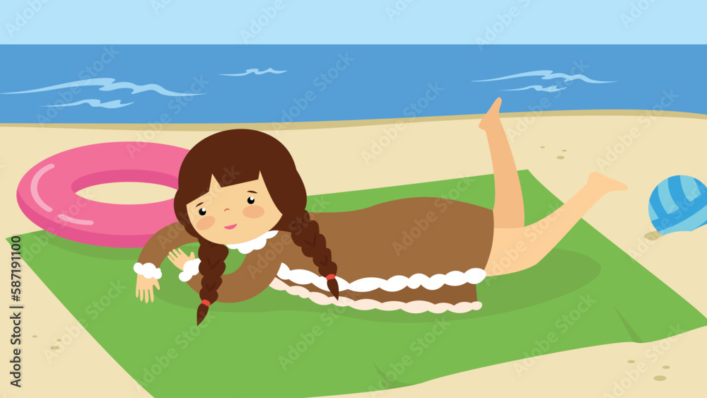 Girl lying on the beach with inflatable ring. Vector illustration.