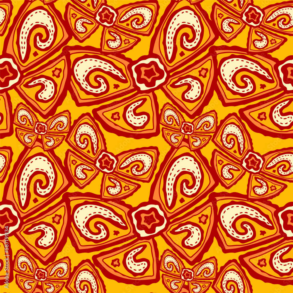 Ornate complex repaeted pattern with bow in red and orange colours.