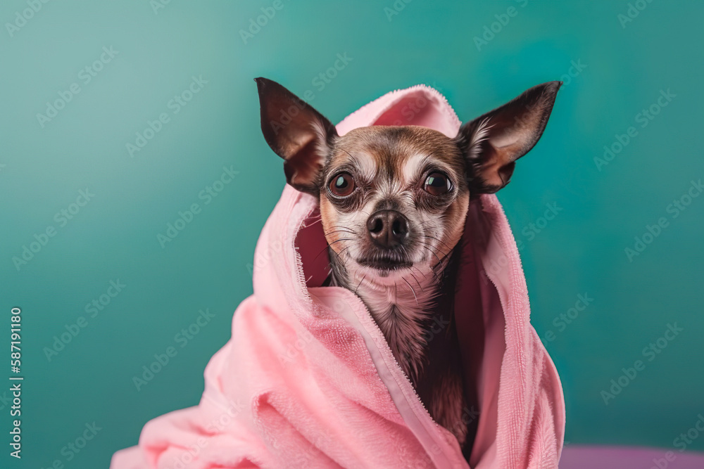 Abstract relaxing creative concept, a small cute dog wrapped in a towel, in a pastel pink bathrobe in the bathtub. Dog spa, dog bathing and grooming. Illustration, Generative AI.