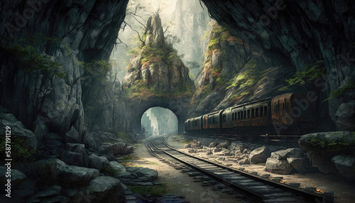 Karst Railroad Tracks, Which Pass Through Limestone Formations And Caves. Generative AI