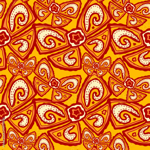 Ornate complex repaeted pattern with bow in red and orange colours.