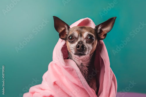 Abstract relaxing creative concept, a small cute dog wrapped in a towel, in a pastel pink bathrobe in the bathtub. Dog spa, dog bathing and grooming. Illustration, Generative AI. © Ljuba3dArt