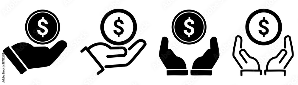 Save money icons set. Money care and save money. Hand holding dollar ...