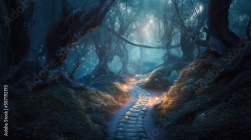 Mysterious forest path of blue tones. Created with Generative AI.