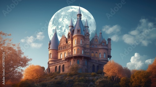 Fantasy castle with a big moon in the sky. Created with generative AI.