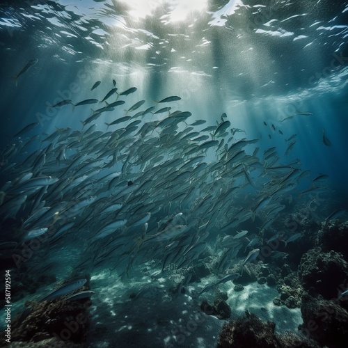 School of fish swimming in the ocean s depths. Underwater  a school of sardinella fish swims  Generative AI.