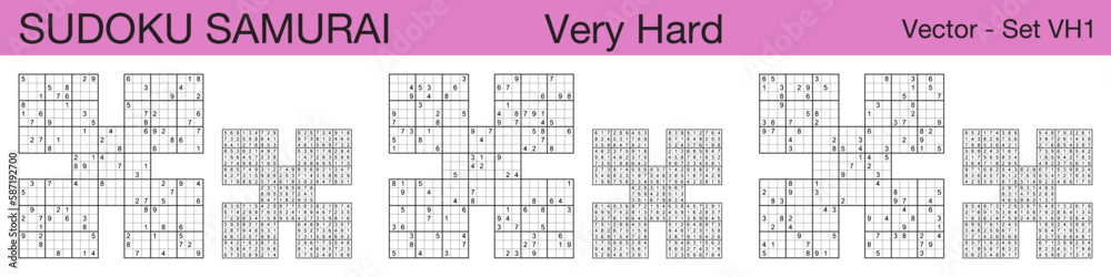 A set of 3 very hard scalable sudoku Samurai puzzles suitable for kids, adults and seniors and ready for web use, or to be compiled into a standard or large print activity book. A set of 3 very hard scalable sudoku Samurai puzzles suitable for kids, adults and seniors and ready for web use, or to be compiled into a standard or large print activity book.
