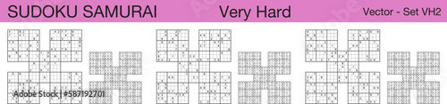 A set of 3 very hard scalable sudoku Samurai puzzles suitable for kids, adults and seniors and ready for web use, or to be compiled into a standard or large print activity book.