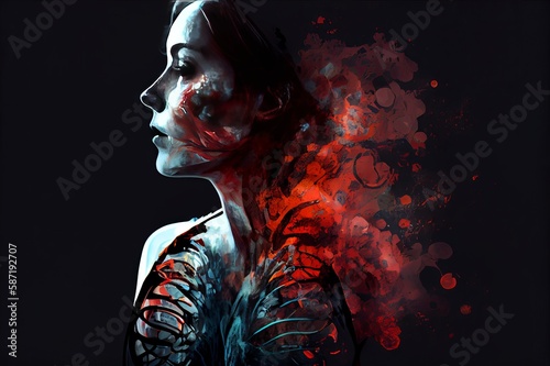 Woman breathing with human lungs. Earth breath, health and mindfulness concept. Generative AI Technology