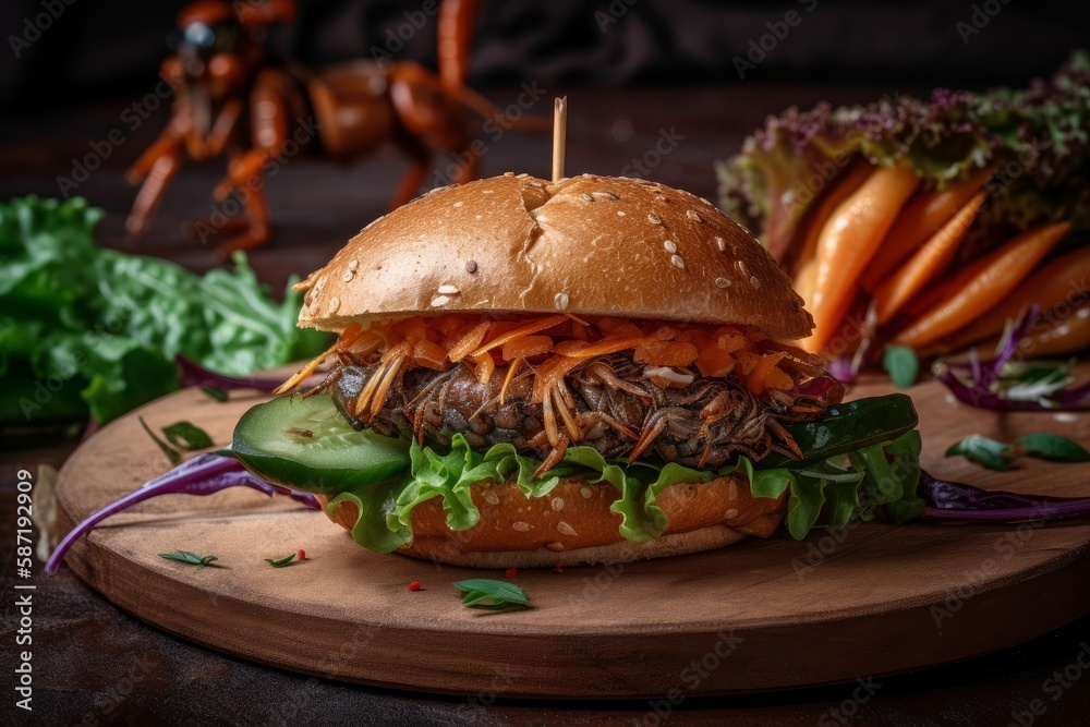 Hamburger with Cricket insect in burger bun, with vegetables. Source for high protein, entomophagy food concept. Hamburger with Cricket insect in burger bun, with vegetables. Source for high protein, entomophagy food concept.