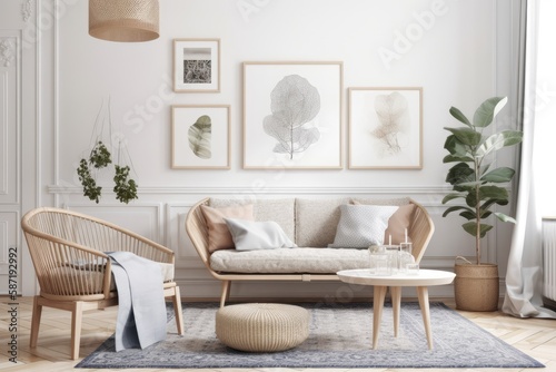 Danish living room, pastel decor, wall mockup,. Generative AI © AkuAku