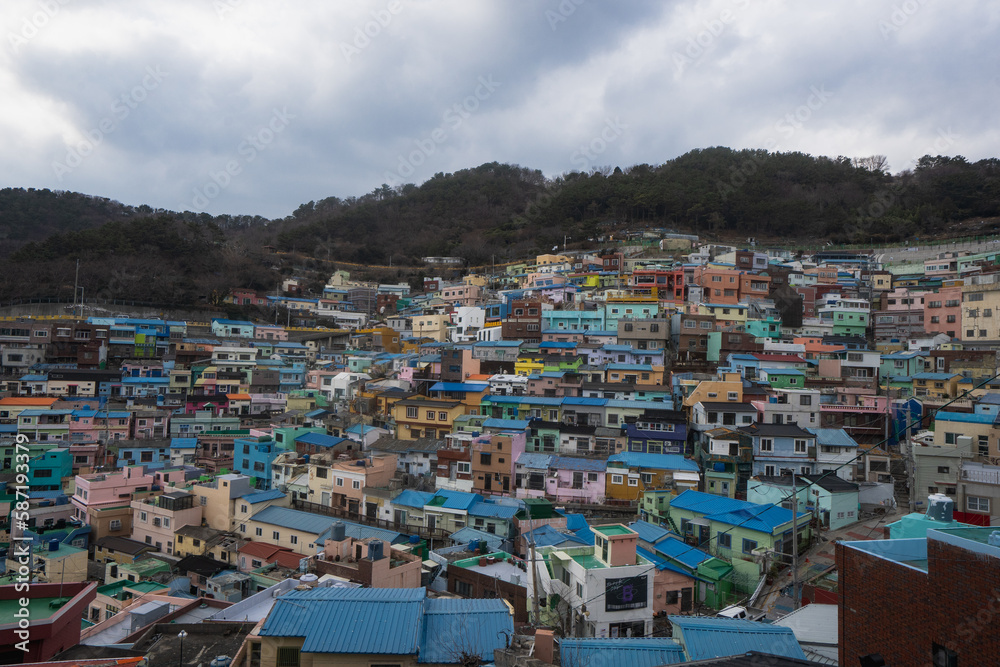 Gamcheon Culture Village with colorful houses murals shops and cafe during winter afternoon at Saha-gu , Busan  South Korea : 9 February 2023
