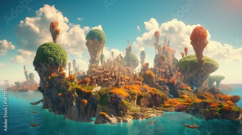 tropical island beach, fantasy landscape. Created with generative AI.