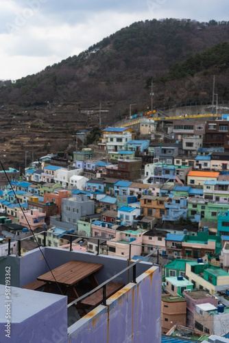 Gamcheon Culture Village with colorful houses murals shops and cafe during winter afternoon at Saha-gu , Busan  South Korea : 9 February 2023 © fukez84