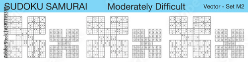 A set of 3 moderately difficult scalable sudoku Samurai puzzles suitable for kids, adults and seniors and ready for web use, or to be compiled into a standard or large print activity book.