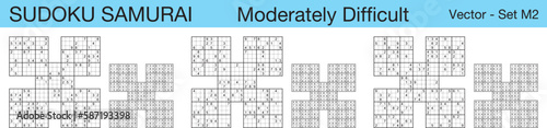 A set of 3 moderately difficult scalable sudoku Samurai puzzles suitable for kids, adults and seniors and ready for web use, or to be compiled into a standard or large print activity book.