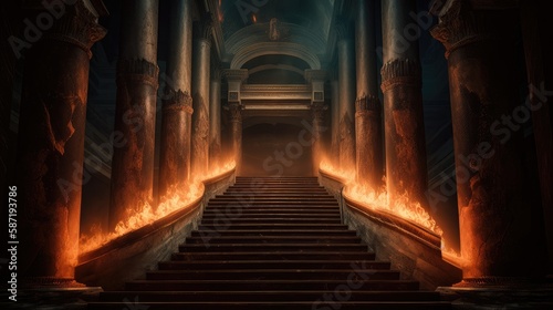 The eternal fire dark atmospheric landscape with stairs. generative AI.