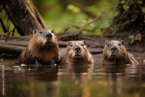 A Family Of Beavers Swimming In A River. Generative AI © Ян Заболотний