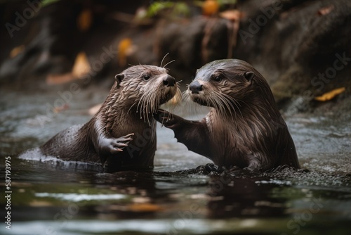 A Pair Of River Otters Holding Hands While Swimming In A Stream. Generative AI © Ян Заболотний