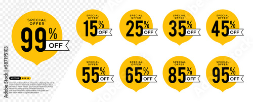 Discount Sticker of Special Offer 25% Off . 15, 25, 35, 45, 55, 65, 85, 95 percent. Black and Yellow Tag, Price Discount Label. Vector Illustration