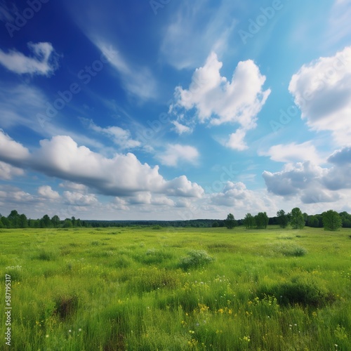 World Environment Day concept A clear sky, lovely clouds, and a meadow