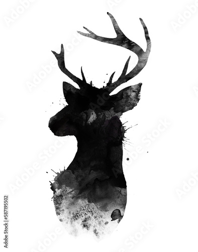 Black deer head silhouette over a white background. A splash watercolor illustration.  © To Studio