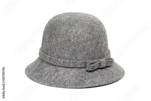 Round felt hat with a bow on a white background.