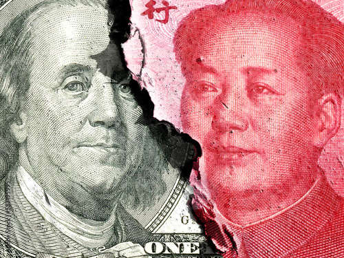 Canvas Print A close-up of images of dollars and Chinese yuan recurring through cracks in peeling paint